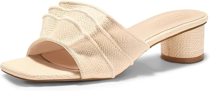 Coutgo Womens Raffia Chunky Low Heels Sandals Square Open Toe Mules Ruffle Slip On Summer Dress S... | Amazon (US)