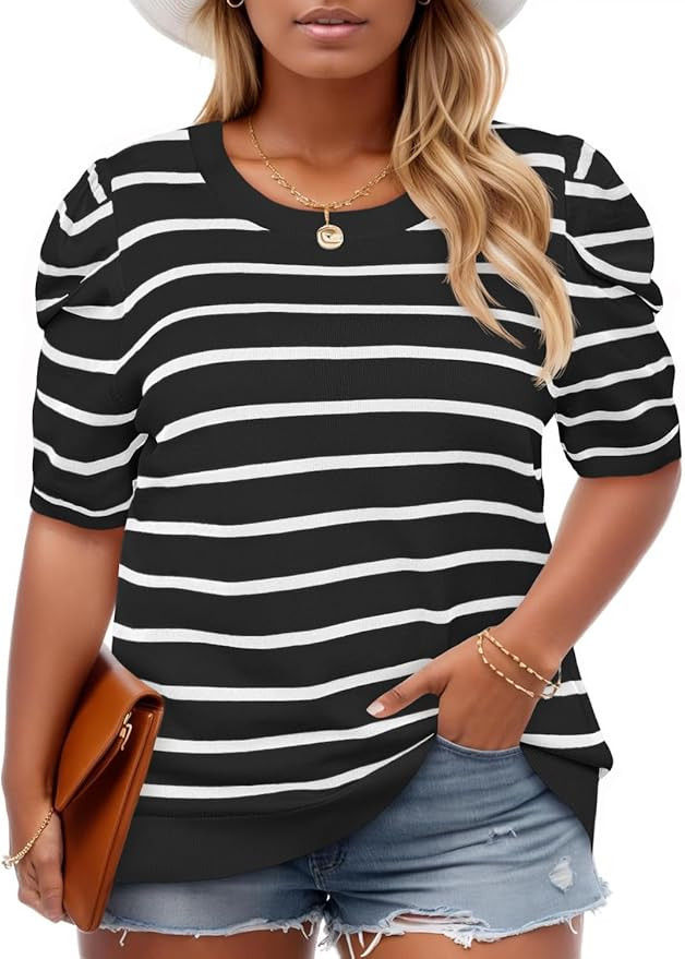 Beautife Womens Plus Size Short Puff Sleeve Sweater Tops Lightweight Striped T Shirts Summer Casu... | Amazon (US)