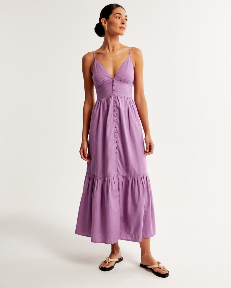 Linen-Blend Button-Through Maxi Dress | Abercrombie & Fitch (US)