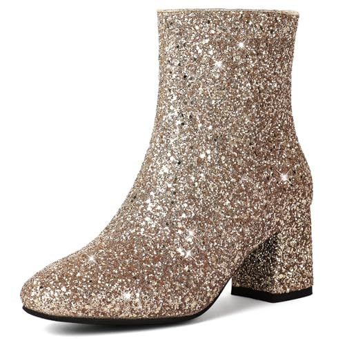 MAVMAX Women's Sequin Glitter Ankle Boots Chunky Heels Sparkly Booties for Women Gold Sparkle Ankle Boots Shiny Block Heel Shining Booties Size 11 | Amazon (US)