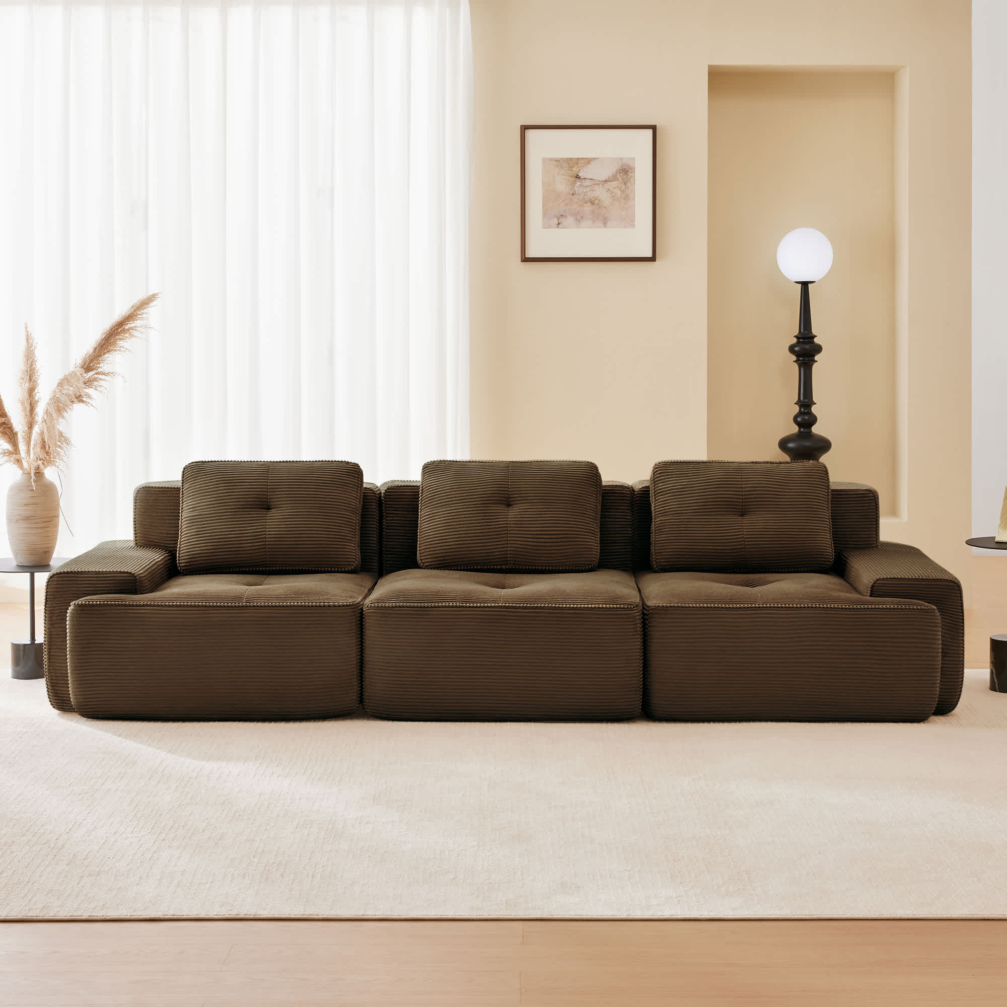 Misty Moon 117 Inch Brown Modern Modular Sectional Sofa for Living Room Corduroy Fabric Oversized 3-Seater Couch with Deep Seat Pearl-like piping | Lowe's