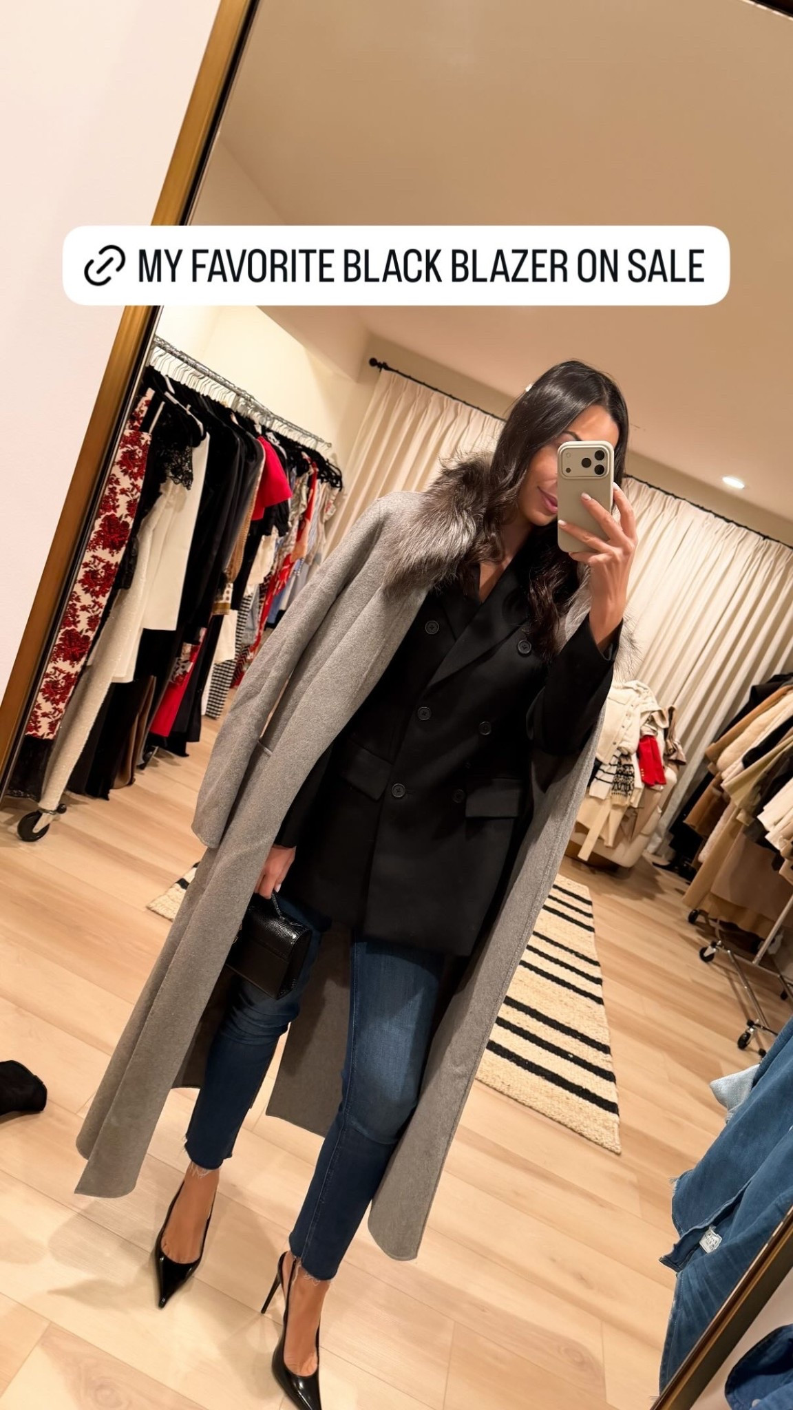 Black blazer, fall date night outfit, holiday outfit, skinny jeans, Saint Laurent pumps, grey winter coat, winter outfit. 

#LTKootd #LTKHoliday #LTKCyberWeek