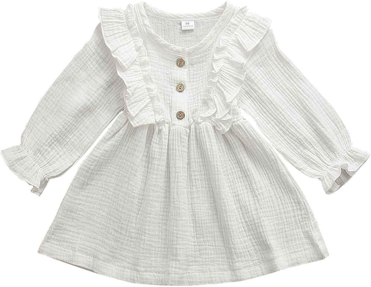 Toddler Baby Little Girl Cotton-Linen Dress Solid Pleated Button Spring Summer Fall Dresses Cloth... | Amazon (US)