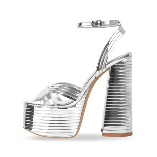 Only maker Platform Heels for Women Chunky High Heeled Sandals Sexy Ankle Strap Silver Platform Chunky Heels for Wedding Bridal Fashion Party Prom Dress Metallic Leather Size 9 | Amazon (US)