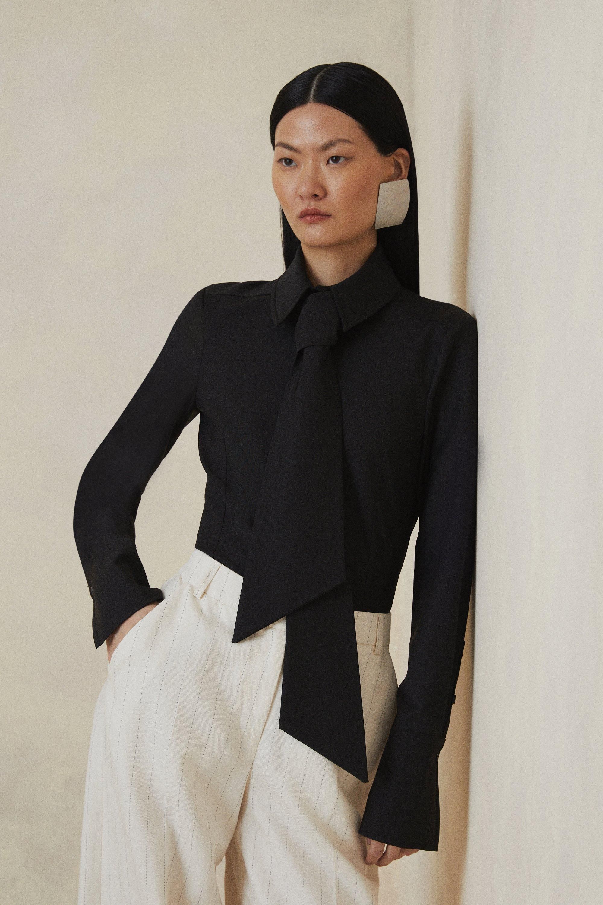 The Founder Tailored Wool Blend Tie Detail Shirt | Karen Millen US