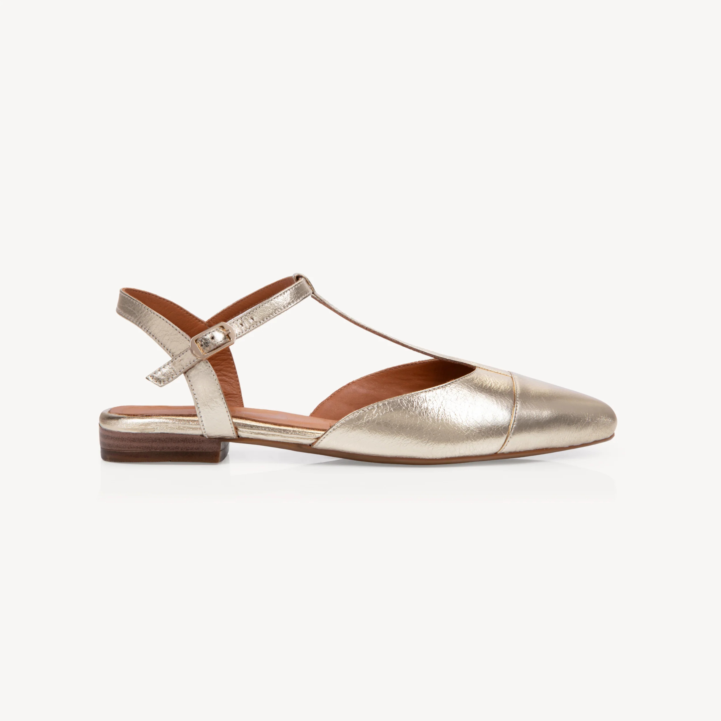 Anais: Gold Leather Pointed T-Bar Flats | Air & Grace