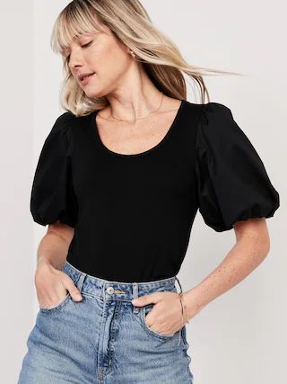 Fitted Puff-Sleeve Paneled Rib-Knit T-Shirt for Women | Old Navy (US)