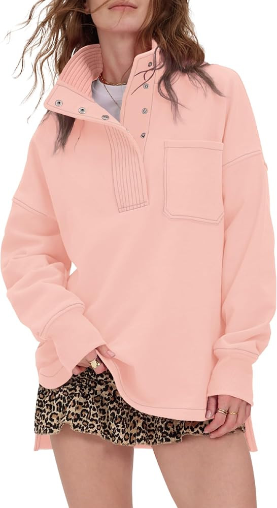 Locachy Womens Oversized Sweatshirt Snap Button Henley Neck Fashion Outfits | Amazon (US)