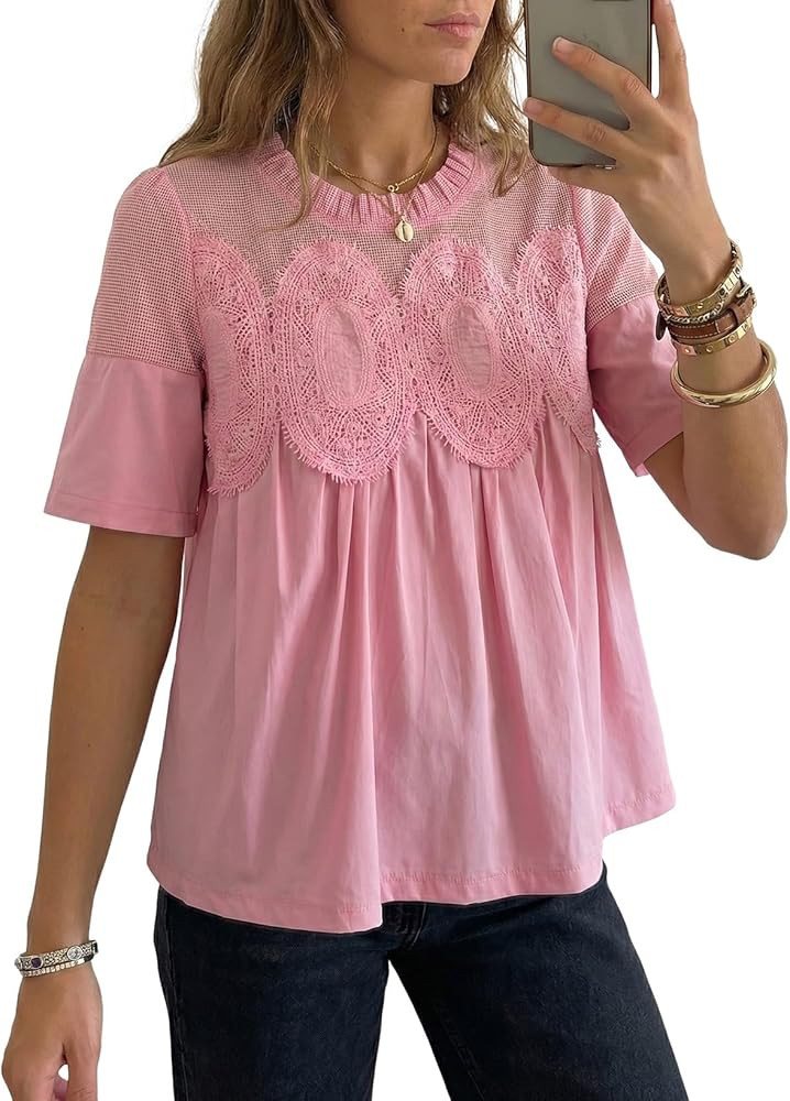 Dokotoo Women's Lace Blouse Elegant Flared Swing Tops Crew Neck Short Sleeve Textured Embroidered... | Amazon (US)