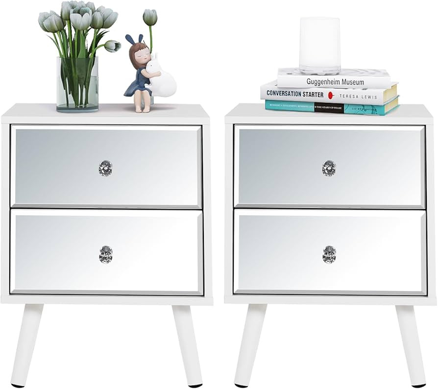 STHOUYN White Nightstand Set of 2, Mirrored Bedside Table Set of 2, Modern Bedroom Night Stands w... | Amazon (US)