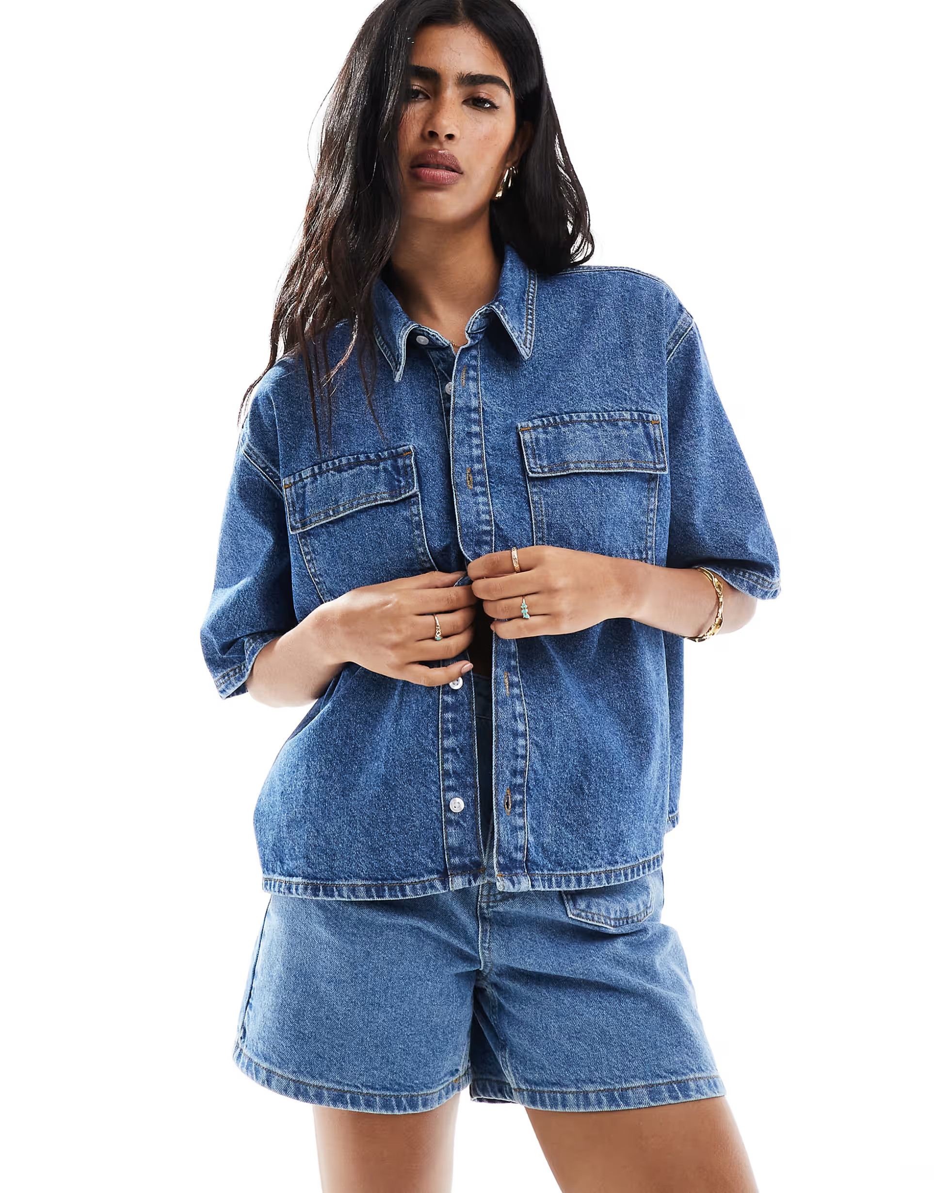 Miss Selfridge denim boxy shirt in mid blue wash | ASOS (Global)