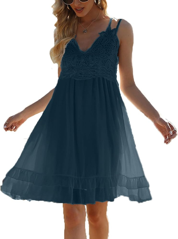 Feager Summer Dresses for Women 2023 Sexy Lace V Neck Spaghetti Strap Sun Dress Ruffle Short Boho... | Amazon (US)