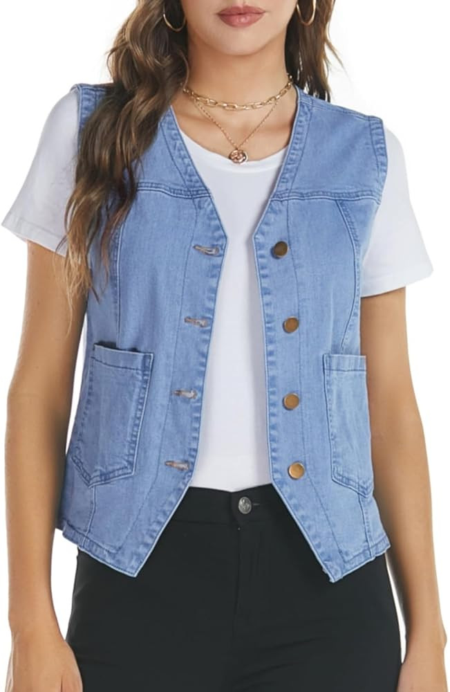 Ladyful Women's Sleeveless Denim Vest V Neck Button Down Jean Waistcoat Jacket | Amazon (US)