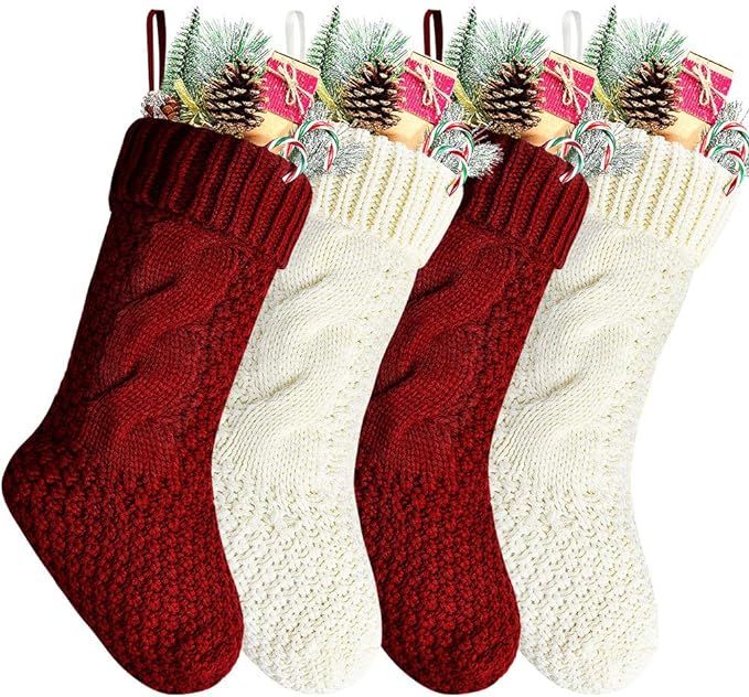 Kunyida Pack 4, Unique Burgundy and Ivory White Knit Christmas Stockings 14" | Amazon (US)