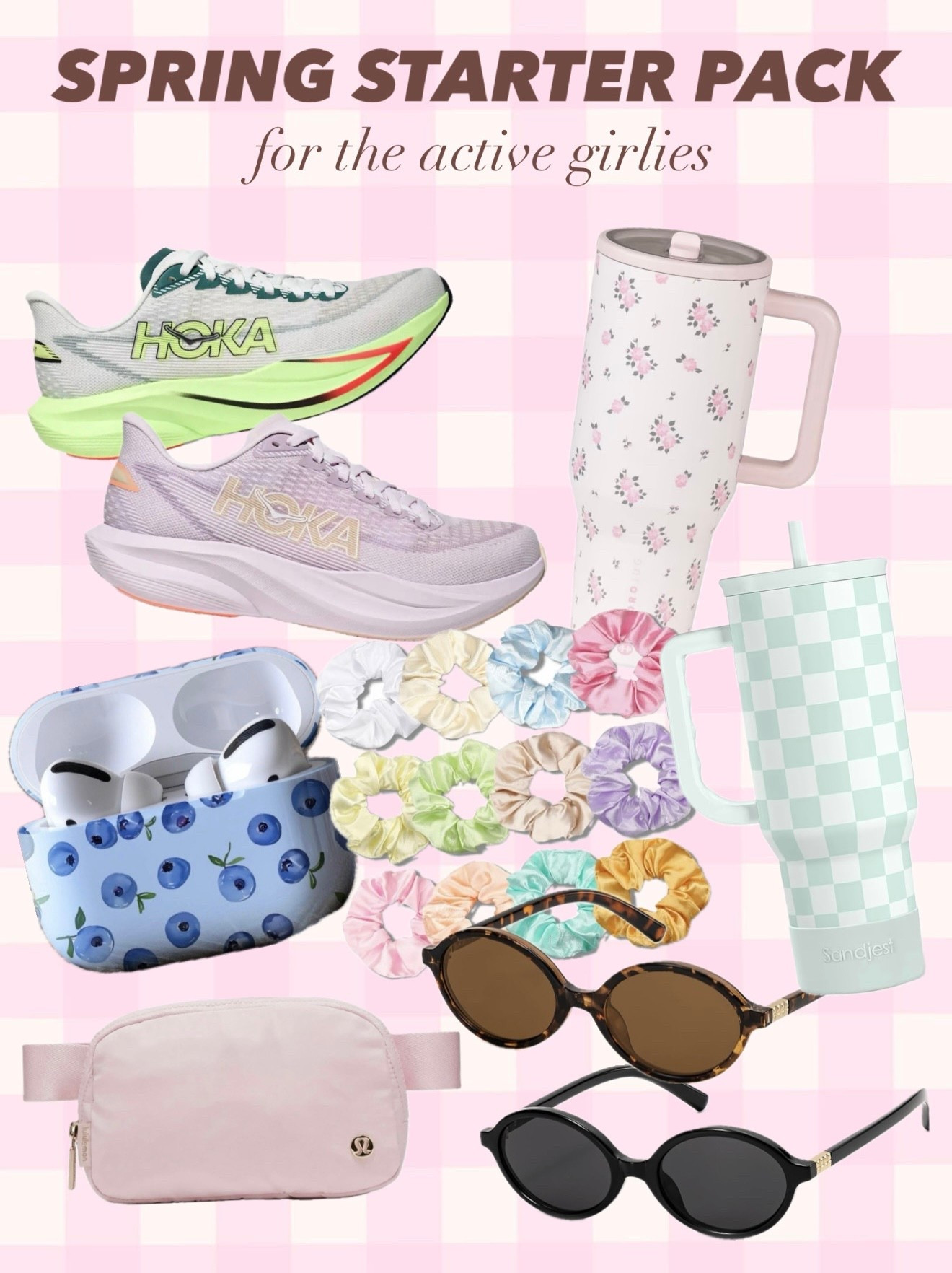Spring starter pack. Spring must haves. Active girl. Wellness products. Walking shoes. Spring water tumblers. Sunglasses. Mui mui dupes. HOKA Bondi 9. Lululemon. 

#LTKSeasonal #LTKActive