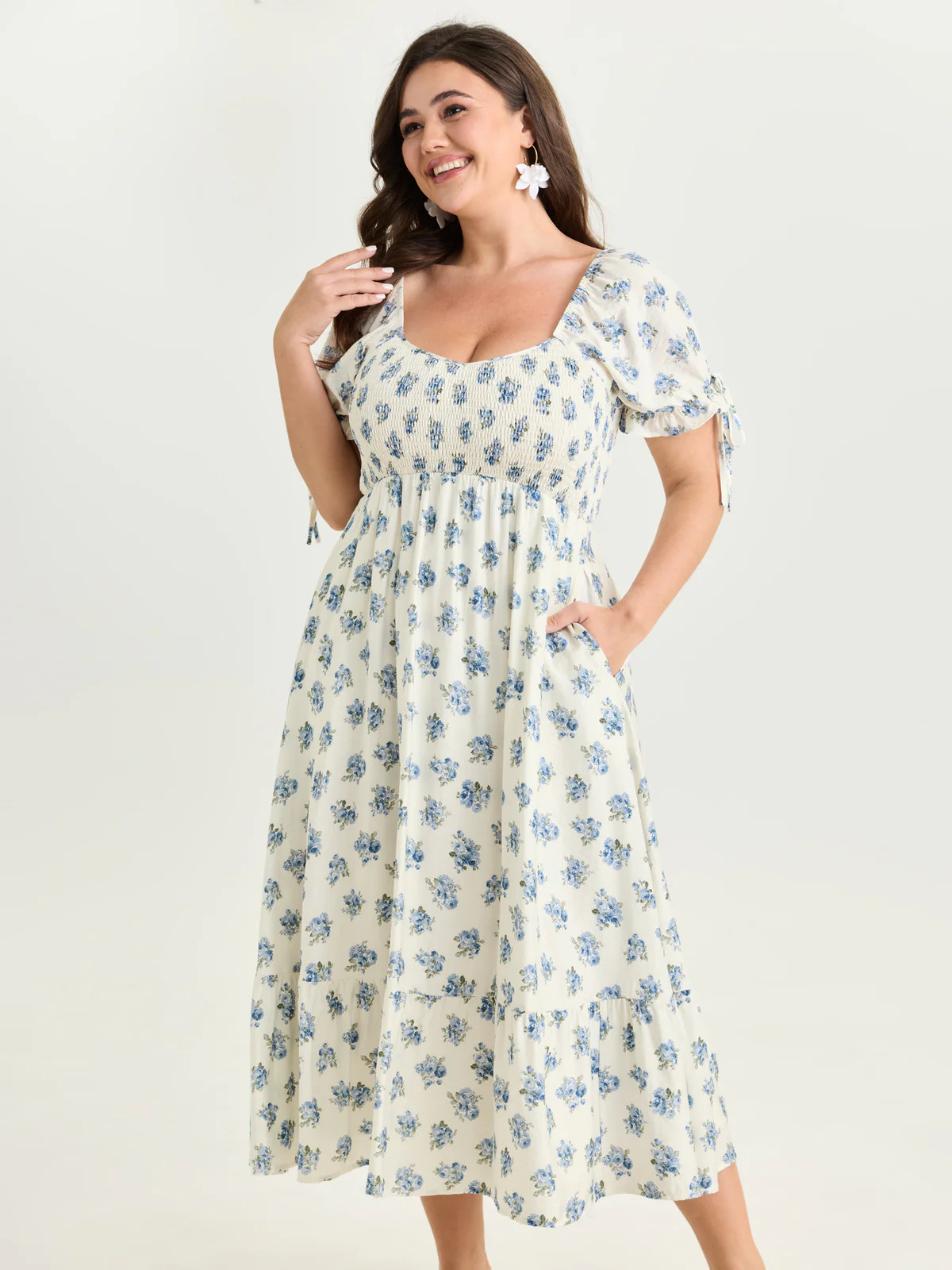 Floral Print Shirred Bodice Sleeve-Tie Maxi Dress | Bloomchic
