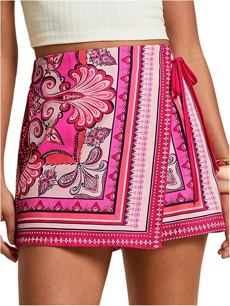 SweatyRocks Women's Boho Mini Skirts Floral Shorts Tie Side Wrap Elastic Waist Summer Skorts Beac... | Amazon (US)