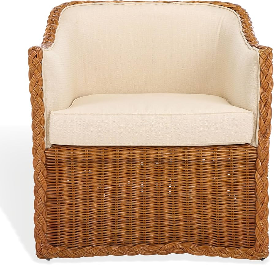 SAFAVIEH Couture Collection Sharon Natural Rattan/Beige Linen Cushion Accent Chair (Fully Assembl... | Amazon (US)