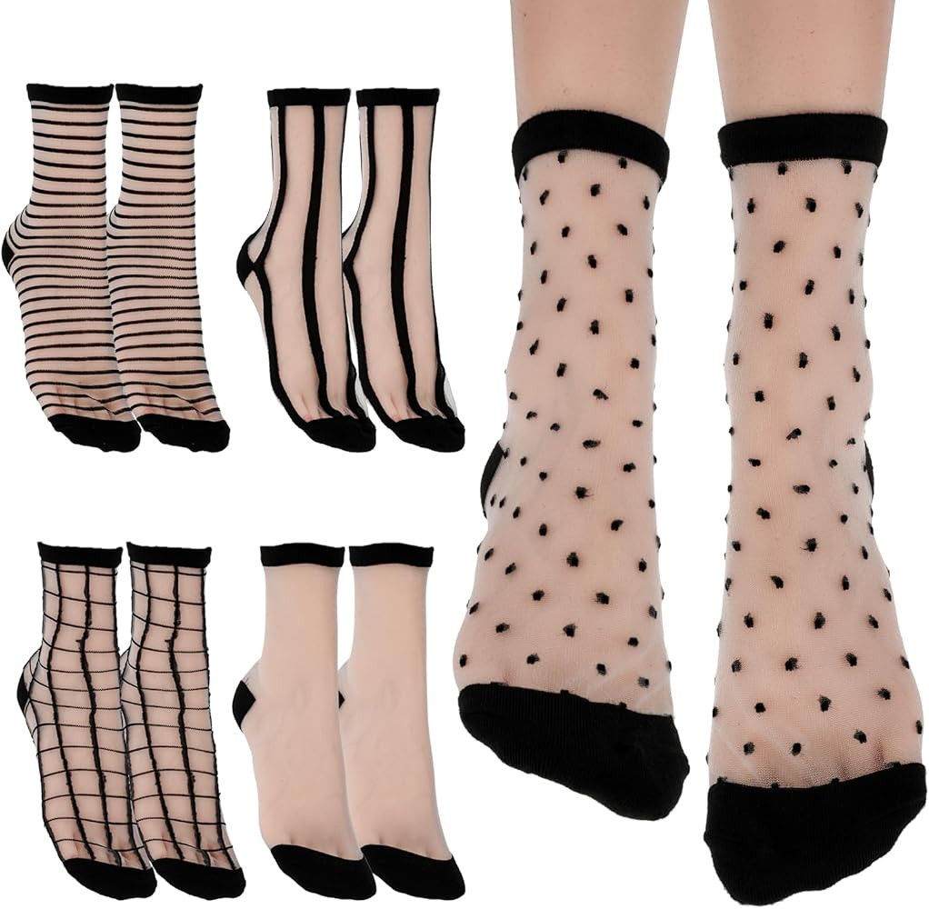 Lusofie 5Pairs Sheer Ankle Socks Black See Through Socks Striped Plaid Dot Cute Transparent Socks... | Amazon (US)
