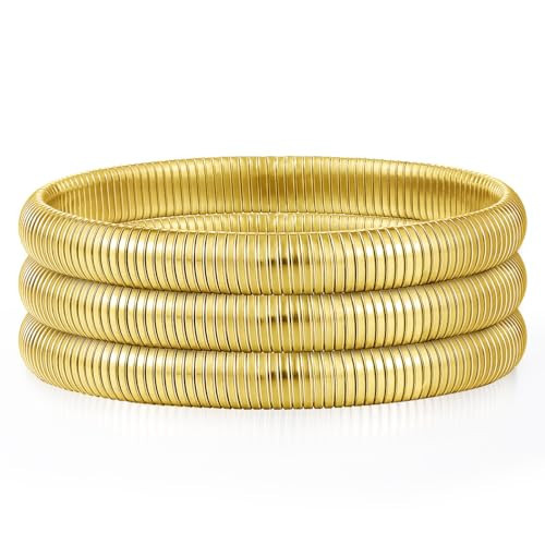 Emibele Gold Bangle Bracelet Set 3Pcs, 8mm Chunky Stainless Steel Non Tarnish 18K Gold Plated Bracelet Stack, Flexible Stretch Wide Wristband Bangle Layered Snake Chain Bracelet for Women | Amazon (US)