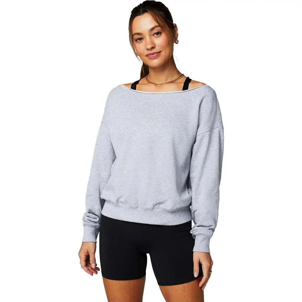 Fabletics Women's Year Round Terry Off Shoulder Sweatshirt in Classic Grey Heather at Nordstrom, Size Small | Nordstrom