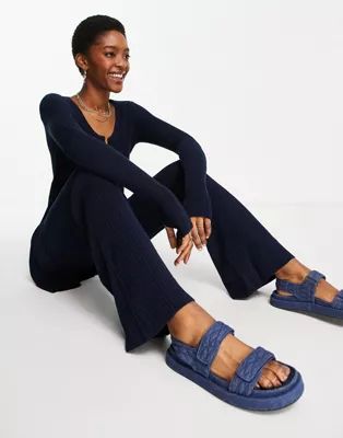 ASOS DESIGN co-ord knitted rib flare trousers in navy | ASOS (Global)