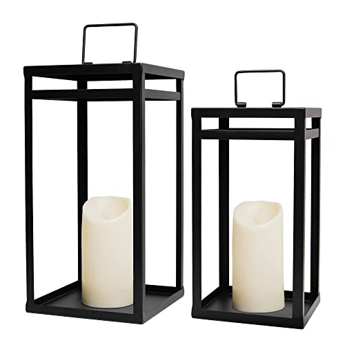 Amazon.com: HPC Decor Black Metal Candle Lanterns Set of 2- Lanterns Decorative w/ LED Timer Cand... | Amazon (US)