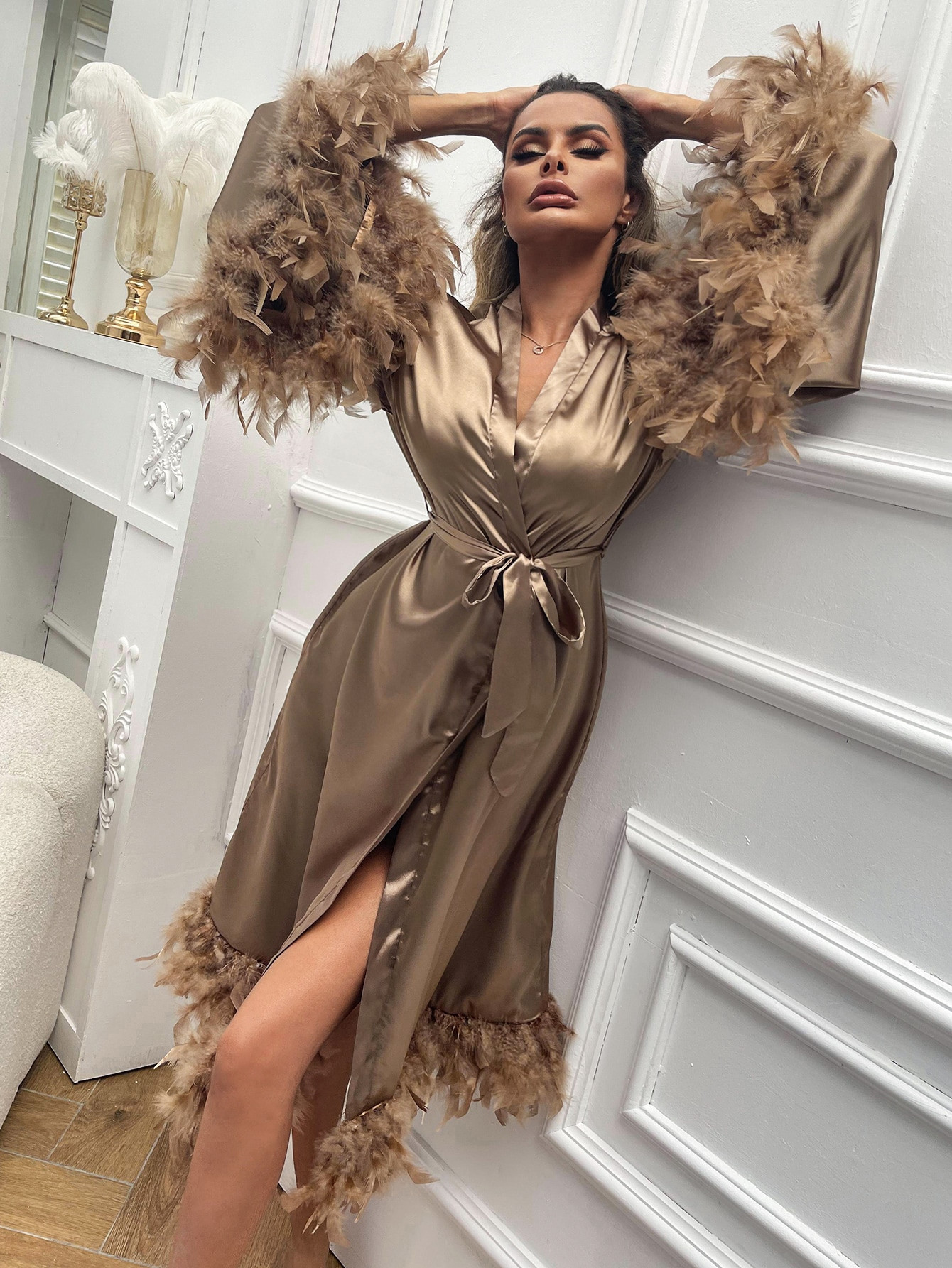 Fuzzy Trim Belted Satin Robe | SHEIN