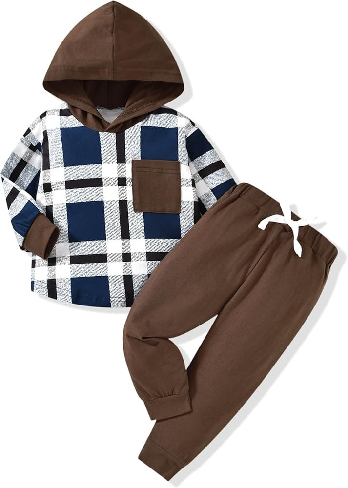 HINTINA Toddler Little Boy Plaid Sweatsuit Outfits Long Sleeve Hooded Sweatshirt Hoodie Fall Wint... | Amazon (US)