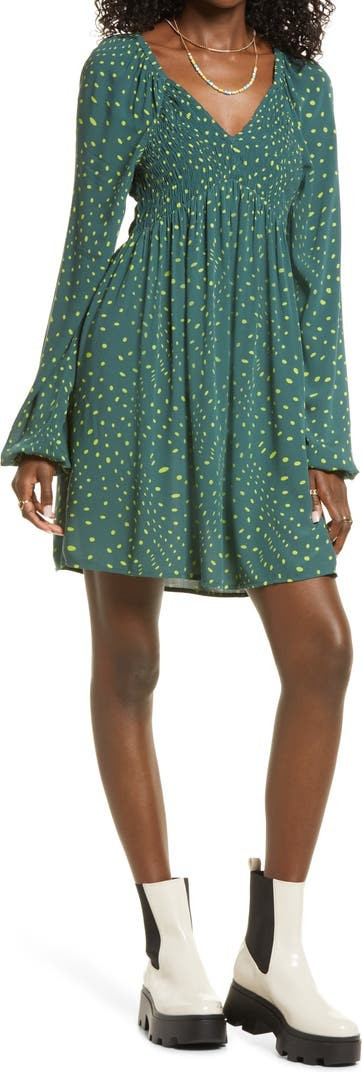 V-Neck Long Sleeve Babydoll Minidress | Nordstrom