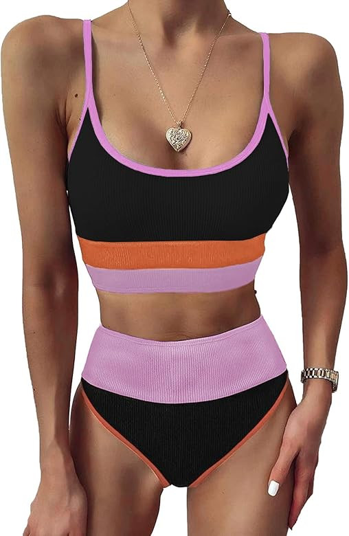 Herseas Women High Waist Bikini Color Block Striped Knit Ribbed Two Piece Bikini Swimsuits | Amazon (US)