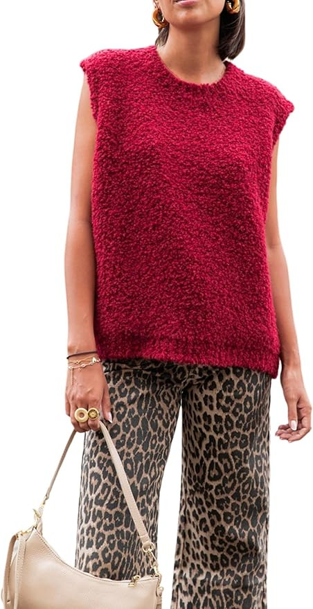 SCUSTY Women's Fuzzy Knit Vest Sleeeveless Casual Crew Neck Loose Lightweight Sweater Pullover To... | Amazon (US)
