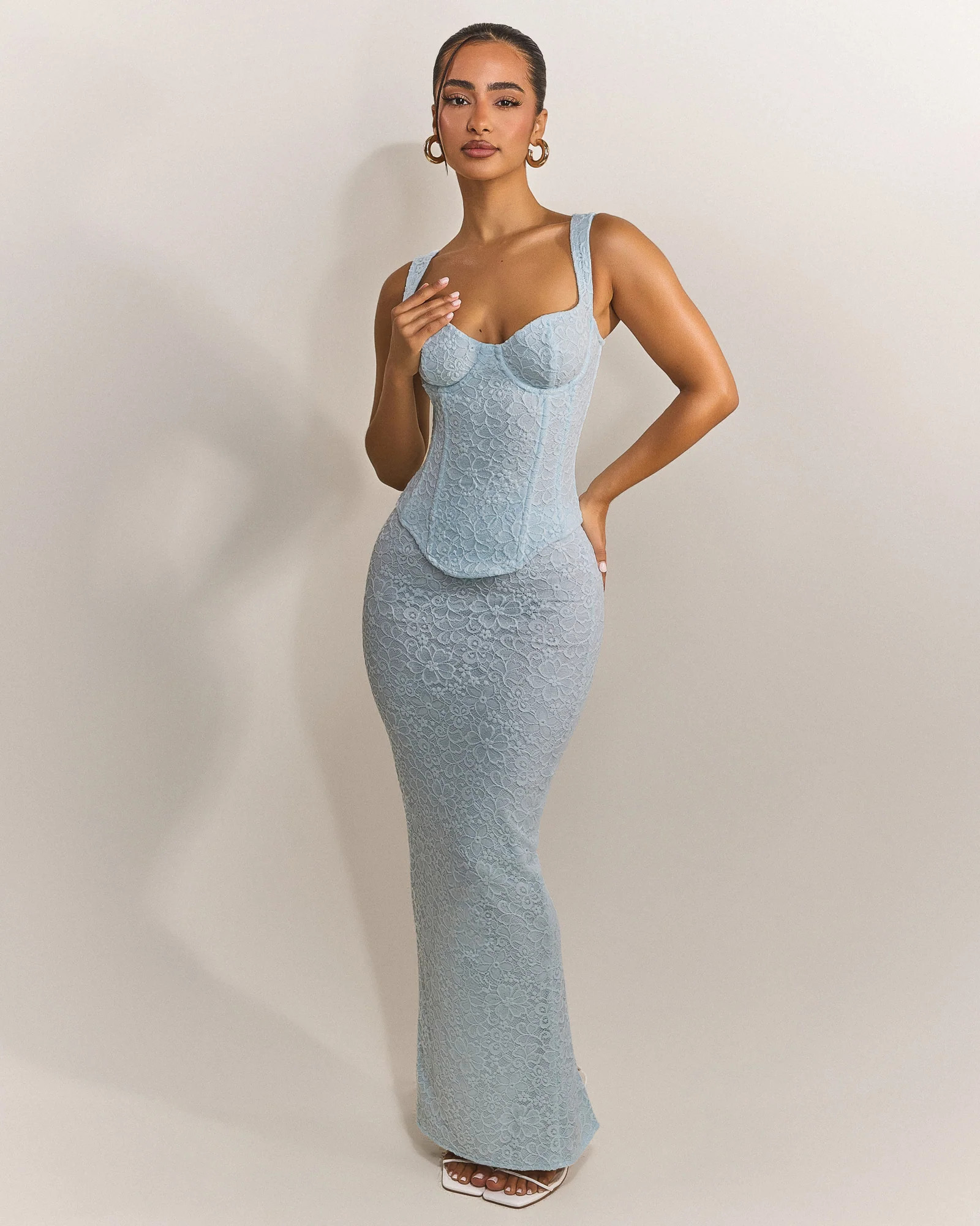 The Cinched Lace Corset Maxi Set in Blue | Mars The Label