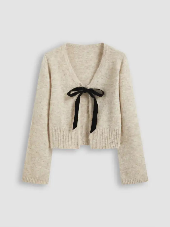 Knit V-neck Bowknot Tie Front Cardigan | Cider