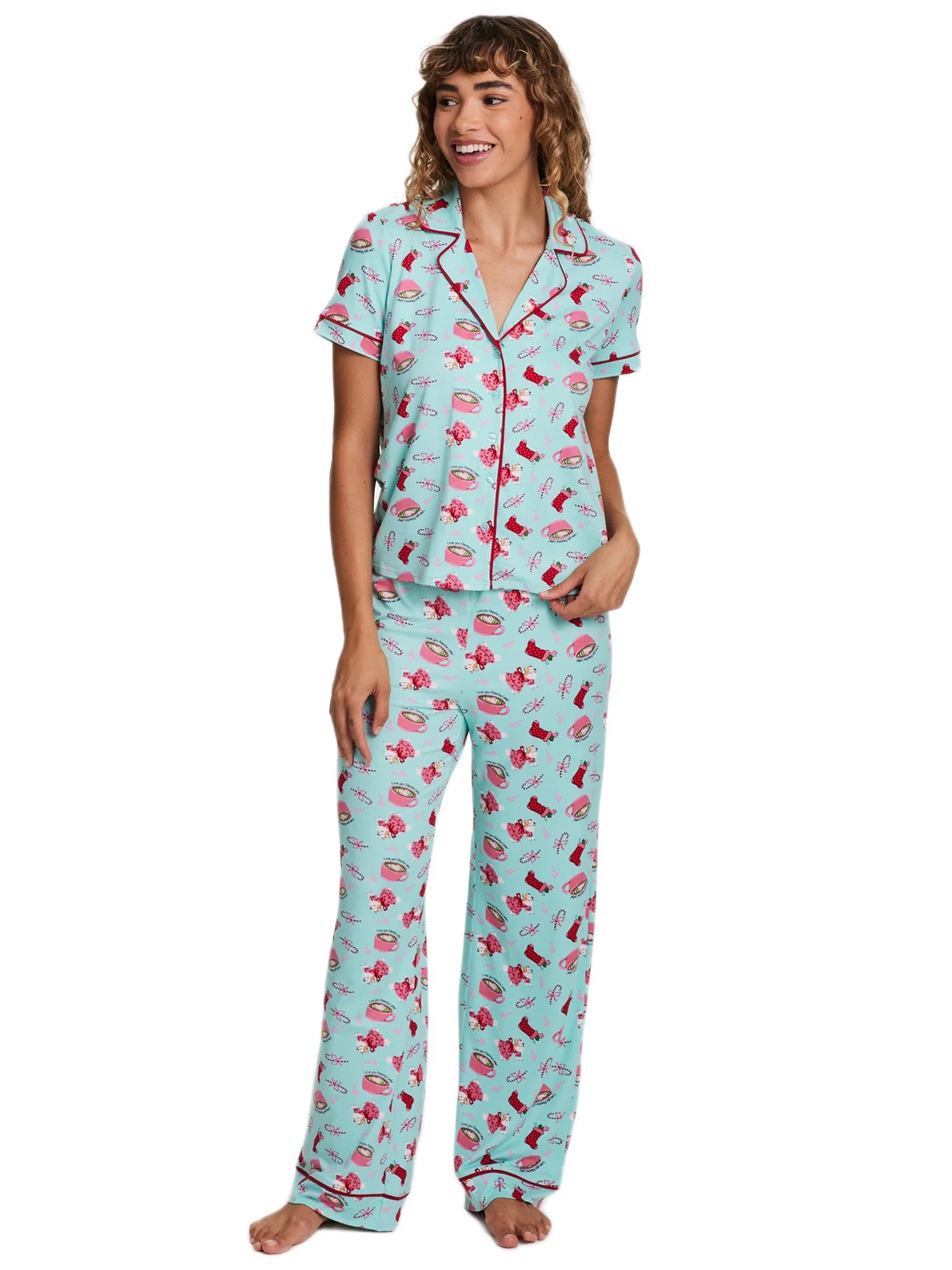 Sleep & Co. Women's & Women's Plus Short Sleeve Fesitve Notch Collar Button Down with Pant Pajama... | Walmart (US)