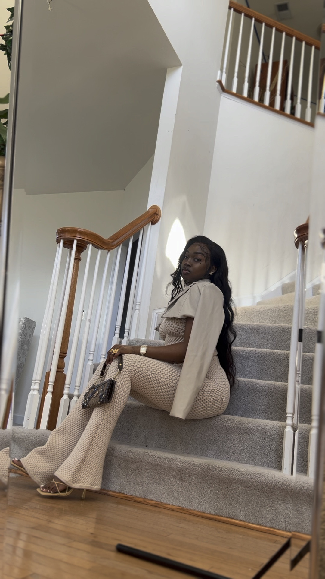 Top 

https://us.manieredevoir.com/collections/womens-matching-sets/products/bubble-knit-polo-crop-top-beige?redirection=skip&currency=USD

Pants 

https://us.manieredevoir.com/products/bubble-knit-flared-leggings-beige

Jacket no longer sold 