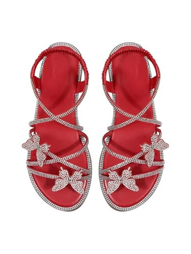 GORGLITTER Women's Rhinestone Flat Sandals Dressy Glitter Open Toe Sparkly Dress Summer Beach 2026 Slides Shoses Red 8 | Amazon (US)