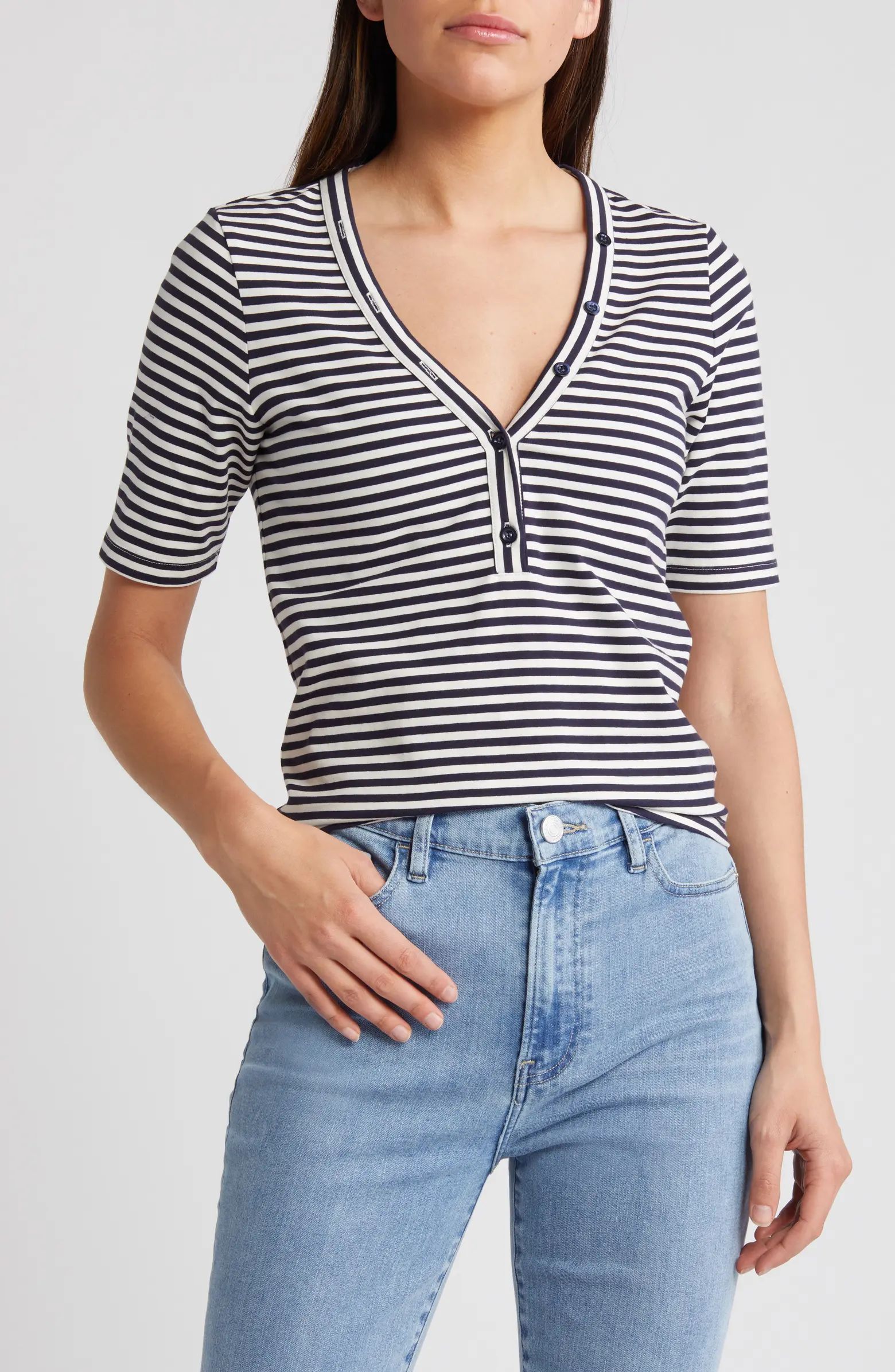 FRAME Asymmetric Button Stripe Stretch Organic Cotton Henley | Nordstrom | Nordstrom