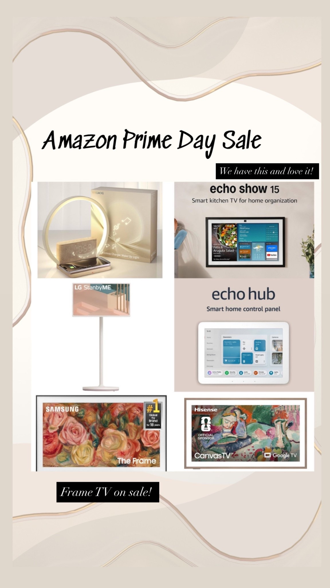 Tech Prime Day sales! These prices are crazy! Eyeing up that Frame TV and definitely getting that alarm clock for our teen! It charges electronics too! 

Amazon show
Frame tv
Lg stand
Echo hub 

#LTKSaleAlert #LTKHome #LTKU
