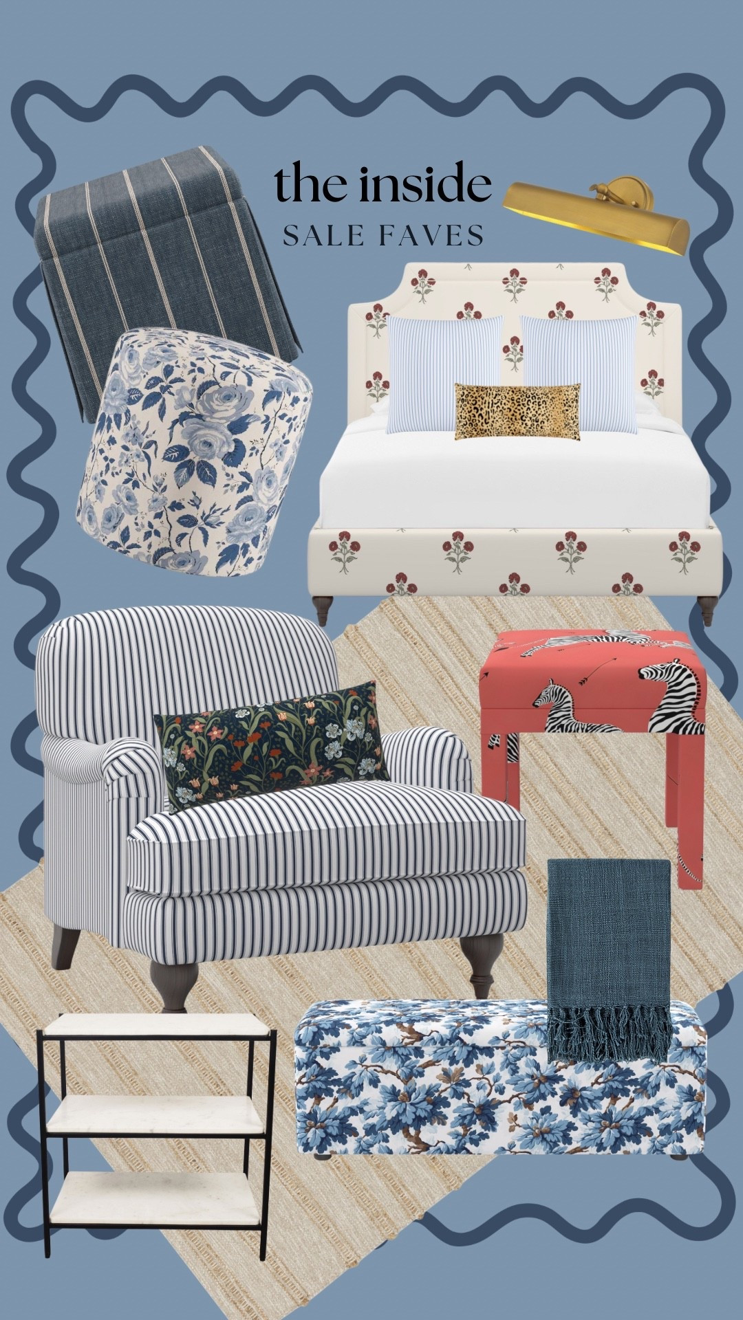 The Inside sale, patterned furniture, colorful furniture, custom furniture, stripe chair, black print bed, animal print ottoman, stripe ottoman, stripe huge rug, floral ottoman, leopard lumbar, blue ottoman. Blue throw blanket, marble nightstandd

#LTKCyberWeek #LTKHome #LTKSaleAlert