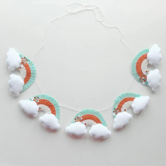 Felt Rainbow Sequin Garland with clouds - Rustic Mint | Etsy (US)