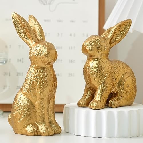 AOMOONOA Gold Bunny Decor, Easter Bunny Figurines Set of 2, Small Rabbit Decor with Metallic Rough Finish, Resin Bunnies for Spring Table Centerpiece, Elegant Home, Mantle Shelf Decor | Amazon (US)