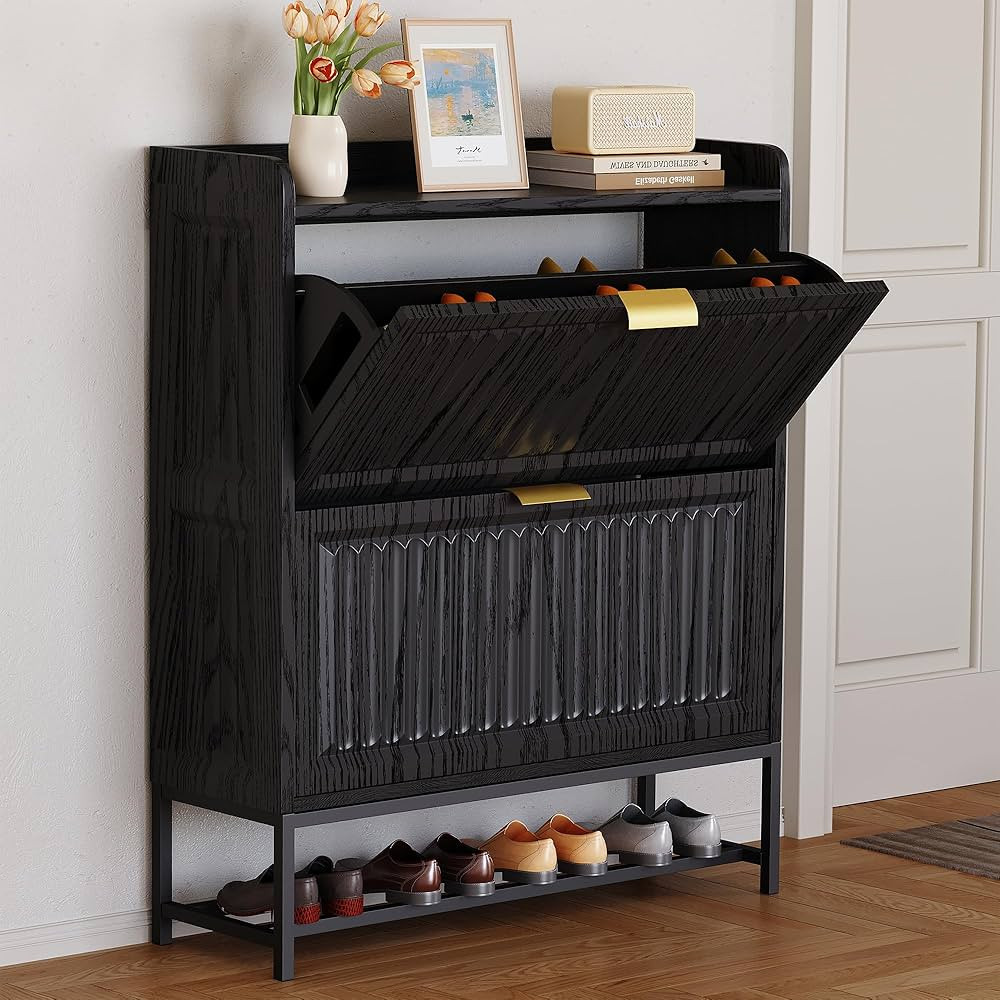 Shoe Storage Cabinet, Entryway Shoe Rack Cabinet with 2 Flip Drawers Metal Leg,Narrow/Slim/Wide S... | Amazon (US)