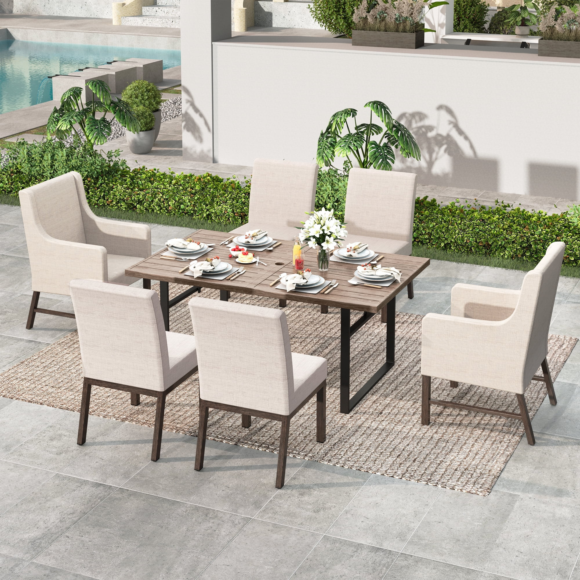 MF Studio 7-Piece Outdoor Patio Dining Set with 4.7" Cushioned Chairs and Table with Umbrella Hol... | Walmart (US)