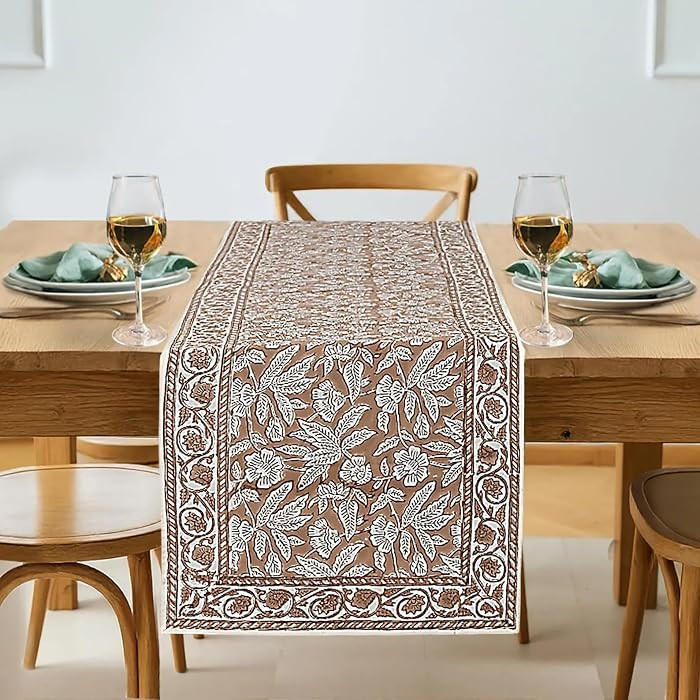 Oak Brown Hand Block Print 100% Cotton Reusable Table Runner 16" X 70" Inches Table Runner Decora... | Amazon (US)