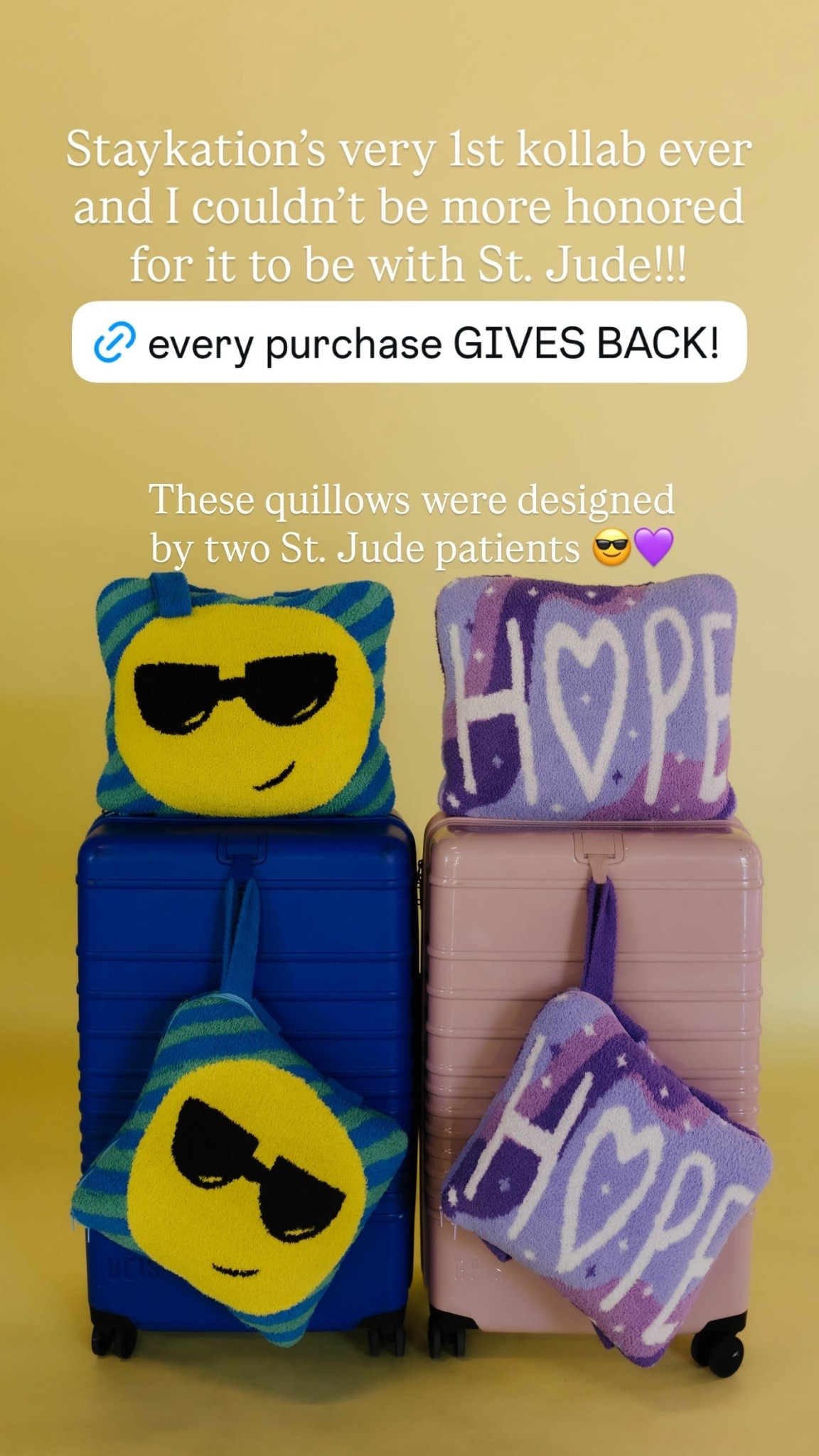 Staykation’s very 1st kollab ever and I couldn’t be more honored for it to be with St. Jude!!! These quillows were designed by two St. Jude patients 😎💜
