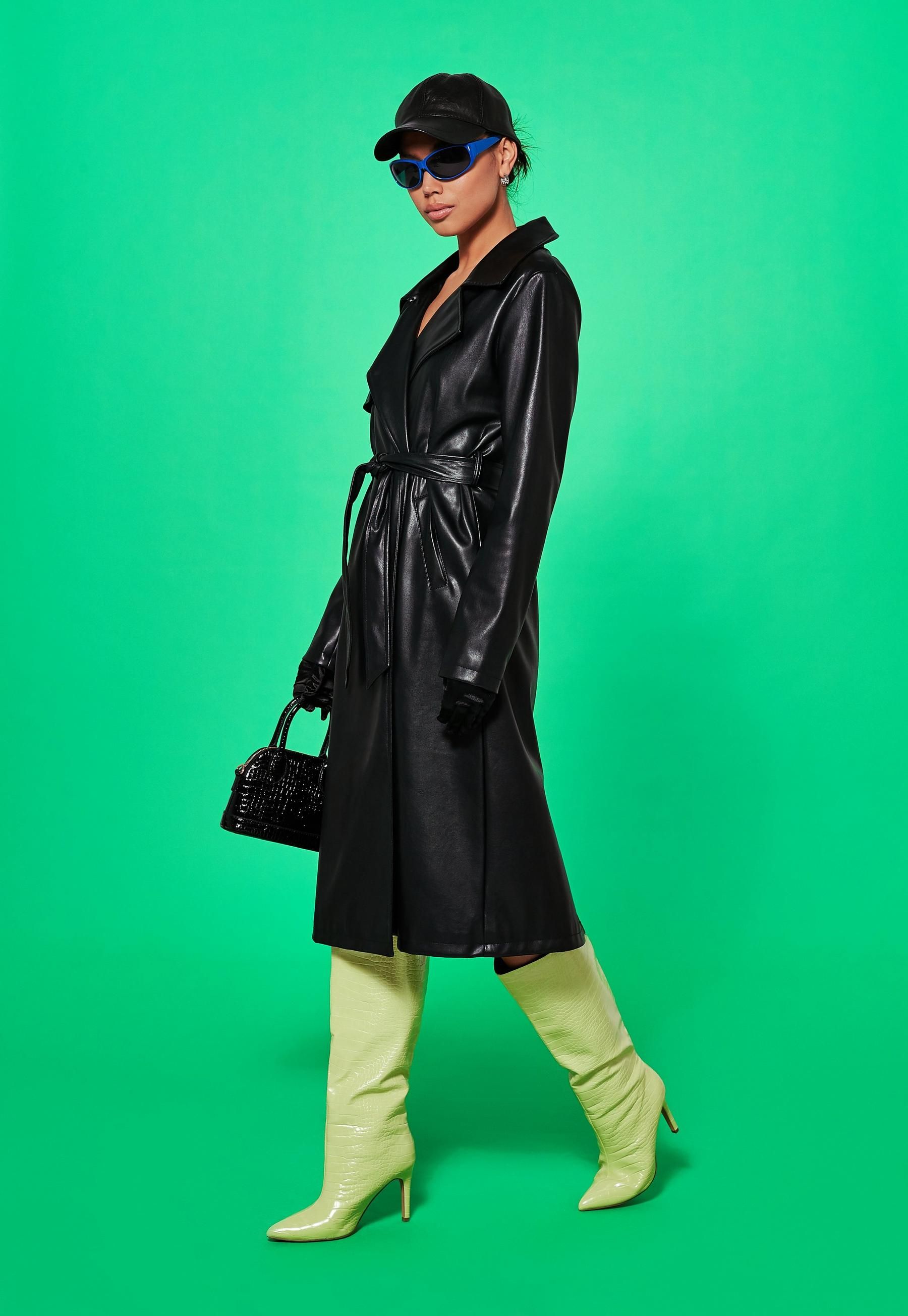Missguided - Black Faux Leather Self Belted Trench Coat | Missguided (US & CA)