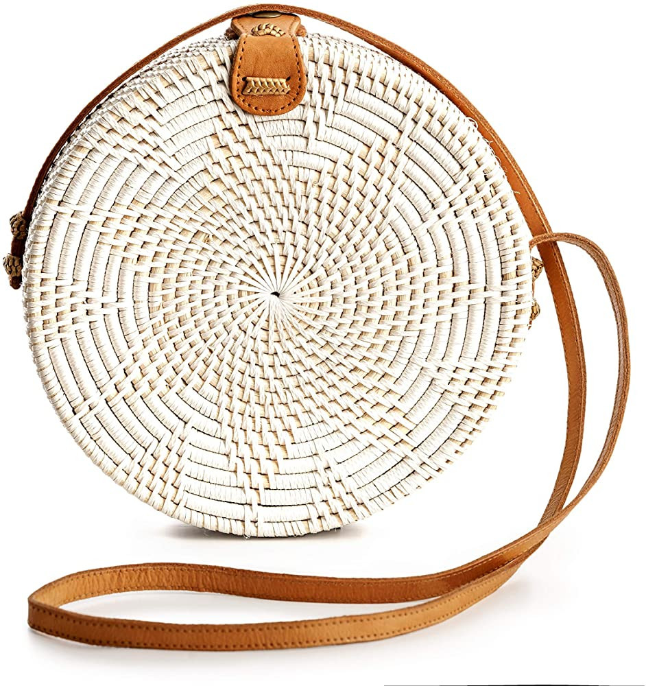 Round Rattan Bag for Women - Handmade Rattan Straw Bags - Wicker Purse - Boho Bag - Round Rattan ... | Amazon (US)