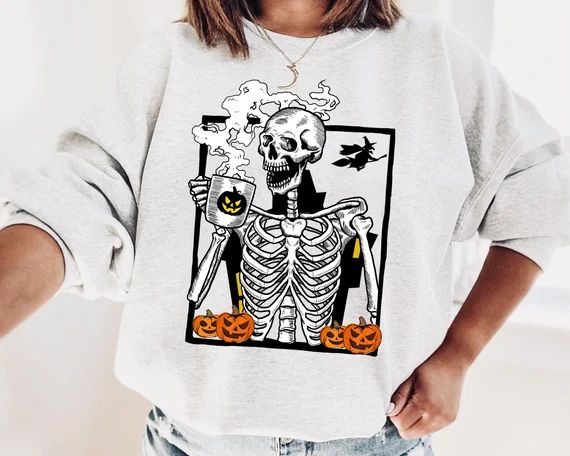 Hot Coffee Skeleton Sweatshirt Halloween Pumpkin Skull Shirt | Etsy | Etsy (US)