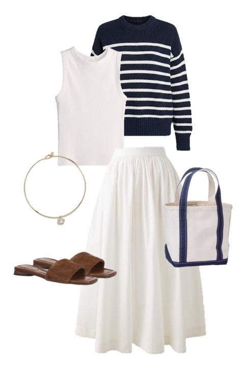 Preppy summer outfit 
Nautical outfit
Navy and white striped sweater 
White maxi skirt 
LL Bean boat and tote 
White midi skirt

#LTKSeasonal #LTKSaleAlert